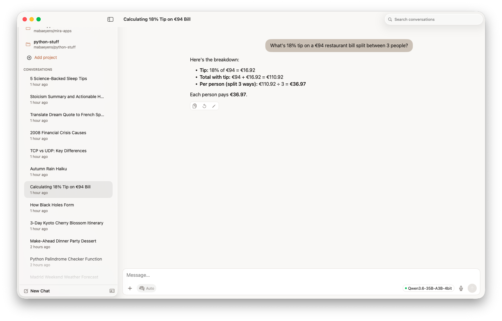 Mira on Mac — tip calculator